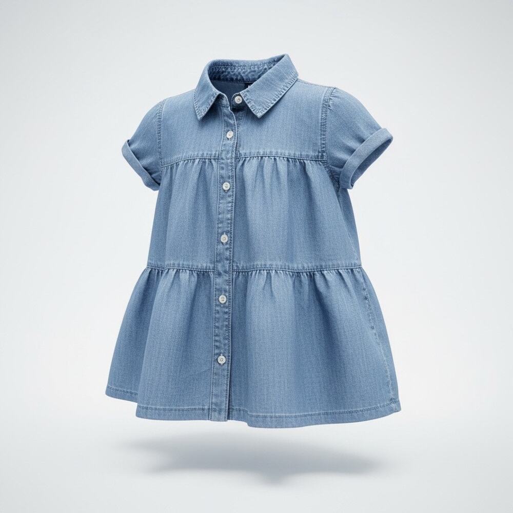 GAP Denim Girls Chambray Button Front Tiered Top Short Sleeve Size L